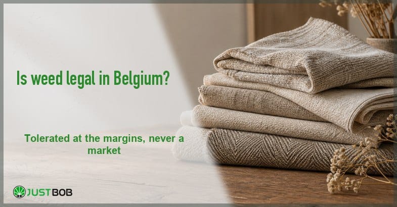 featured-is-weed-legal-in-belgium Justbob green banner title beside neatly folded stacks of natural raw hemp textile fabric on wood