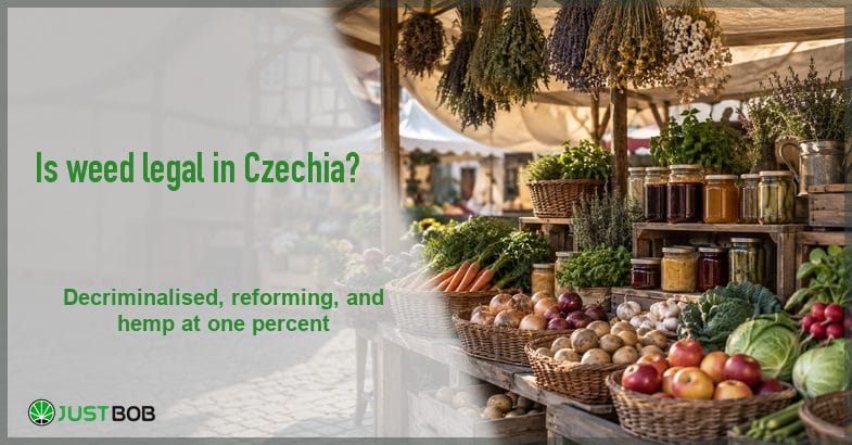 is-weed-legal-in-czech-republic Justbob green banner title beside a Central European farmers market stall of baskets, jars and produce