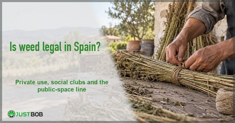 is-weed-legal-in-spain Justbob green banner title beside adult hands bundling dried hemp stems on a rustic Spanish farm table
