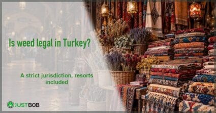 Justbob green banner title beside a warm Turkish bazaar of stacked textiles and baskets of dried herbs