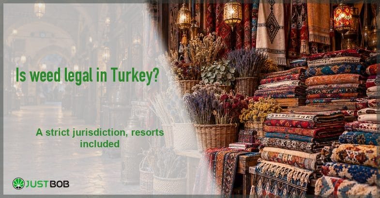 featured-is-weed-legal-in-turkey Justbob green banner title beside a warm Turkish bazaar of stacked textiles and baskets of dried herbs