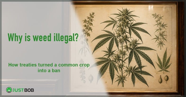 why-is-weed-illegal Justbob green banner title beside an antique framed botanical plate of the hemp plant under glass