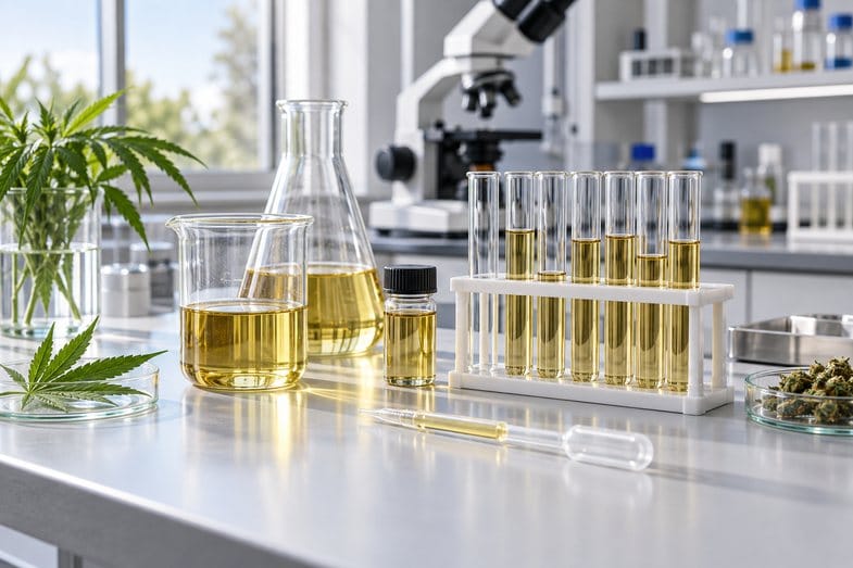 Laboratory glassware with amber liquid on a bench beside a rack of test tubes under clean daylight