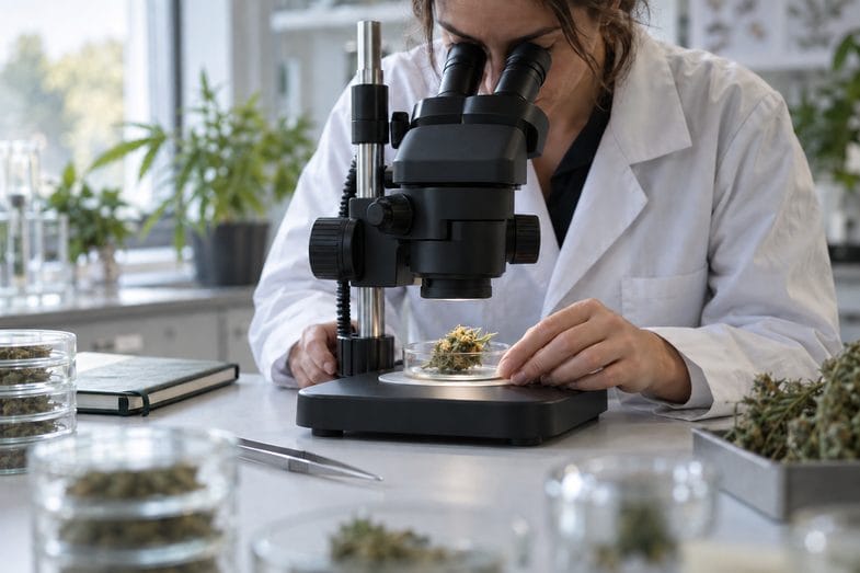 cereal-milk-strain-lab-microscope Researcher in a white coat leaning over a stereo microscope with a hemp flower sample on the stage of a laboratory bench