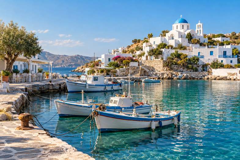 is-weed-legal-in-greece-island-harbour A whitewashed Greek island harbour with blue-domed buildings and fishing boats moored under bright midday sun