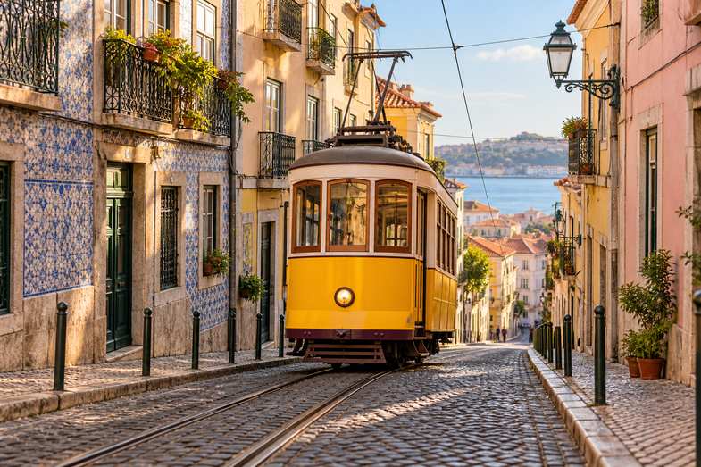 is-weed-legal-in-portugal-lisbon-street A yellow historic tram climbing a steep Lisbon street lined with tiled buildings in warm afternoon light