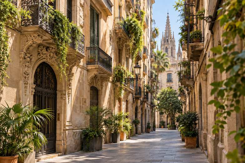 is-weed-legal-in-spain-barcelona-street A narrow Barcelona street with ornate wrought-iron balconies and hanging plants under warm Mediterranean light