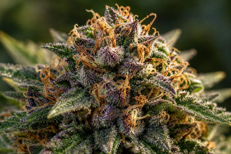 jelly-cake-strain-bud-macro Macro photograph of a dense violet tinged cannabis bud covered in frosty resin glands with bright orange pistils