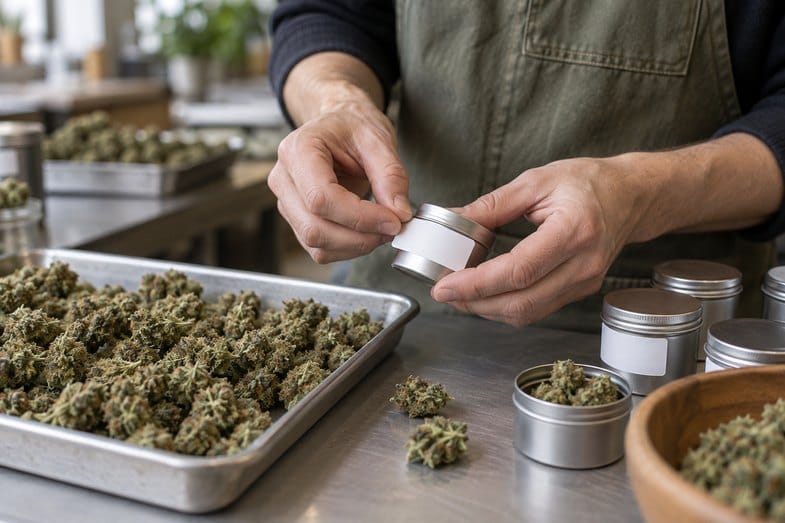 london-pound-cake-strain-blank-labelling-bench Hands pressing a blank label onto a small tin at a workbench, beside a tray of dried hemp buds and blank-labelled tins