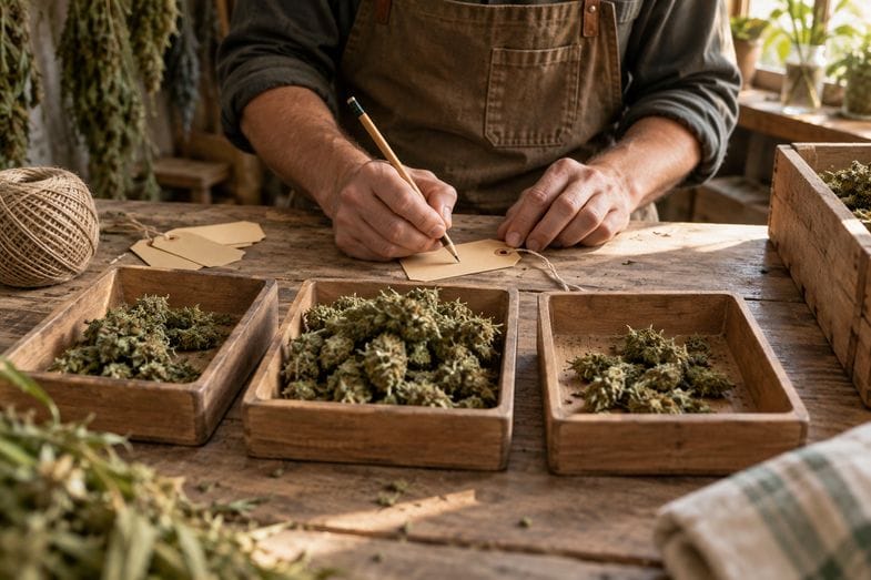 sherb-cake-strain-labelling-bench Hands writing on paper tags at a wooden workbench beside dried hemp flowers laid out in shallow trays