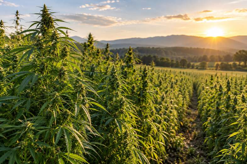 what-is-cbd-flower-industrial-hemp-field-golden-hour Rows of tall green industrial hemp plants in an open field at golden hour, with wooded hills under a bright low sun