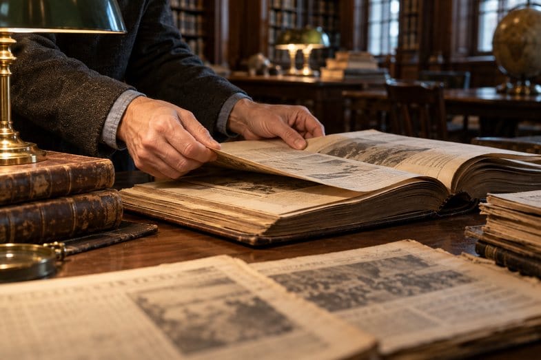why-is-weed-illegal-archive-library Rows of bound antique newspapers and ledgers on wooden shelves in a dimly lit historical archive