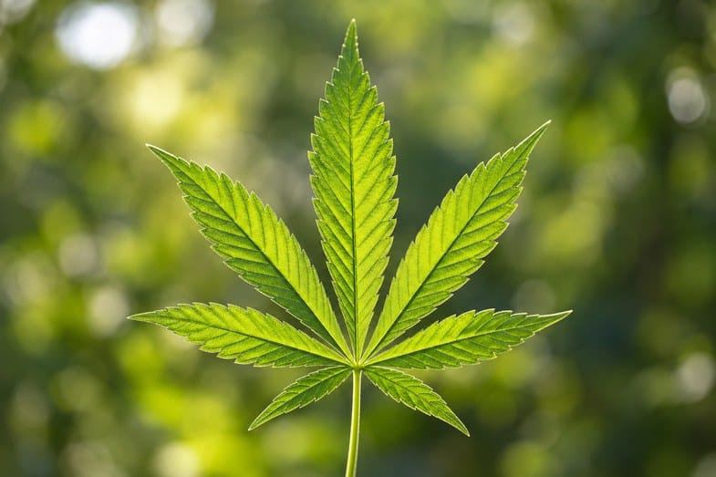 is-weed-legal-in-greece-hemp-leaf-macro Close-up of a green hemp leaf backlit by sunlight, showing the veined structure and serrated edges in detail