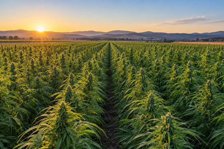 is-weed-legal-in-portugal-hemp-field Rows of tall green industrial hemp plants in an open field under a low golden sun, seen from within the crop