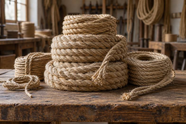 is-weed-legal-in-turkey-hemp-fibre Coils of raw natural hemp fibre rope stacked on a wooden workbench in a traditional workshop