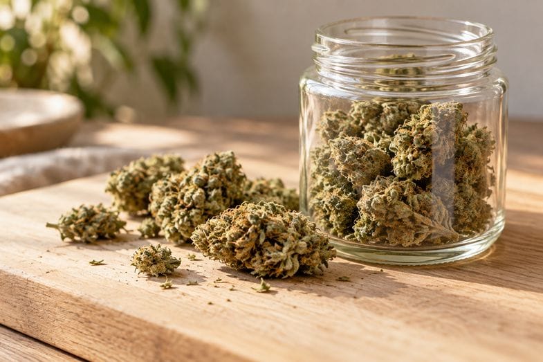 jelly-cake-strain-dried-flower-jar Dried hemp flower buds on a pale wooden board beside an open glass jar filled with more buds in soft daylight