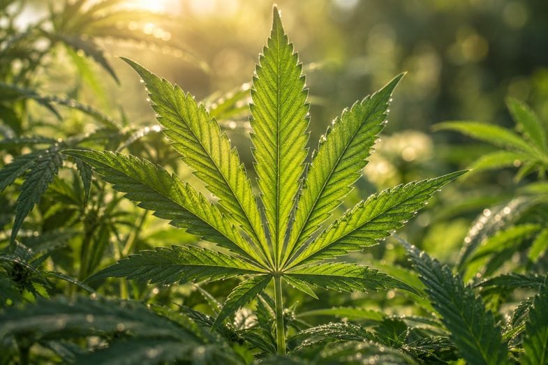 london-pound-cake-strain-backlit-hemp-leaf Sunlight shining through a translucent green cannabis fan leaf, its veins glowing above a soft green blur of more leaves