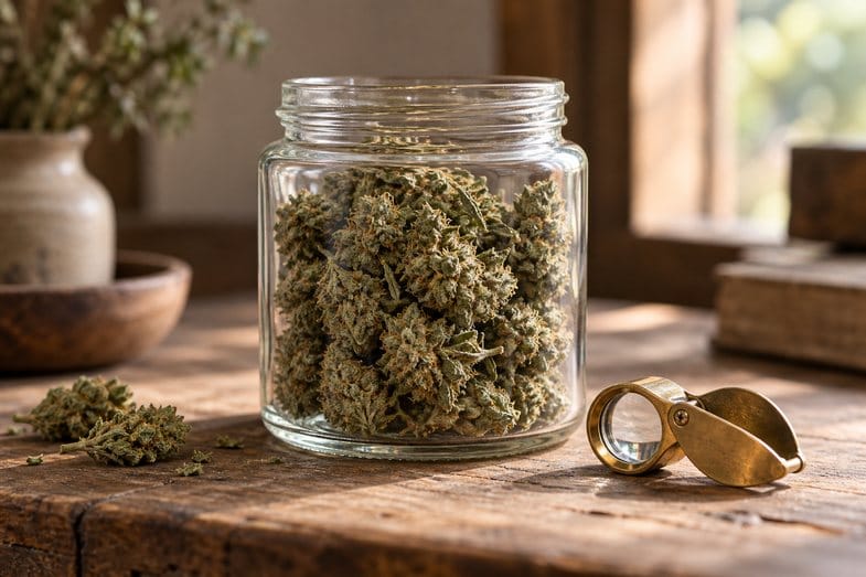 what-is-skunk-weed-dried-flower-jar A clear glass jar of dried cannabis flower on a wooden counter beside a magnifying loupe in soft light