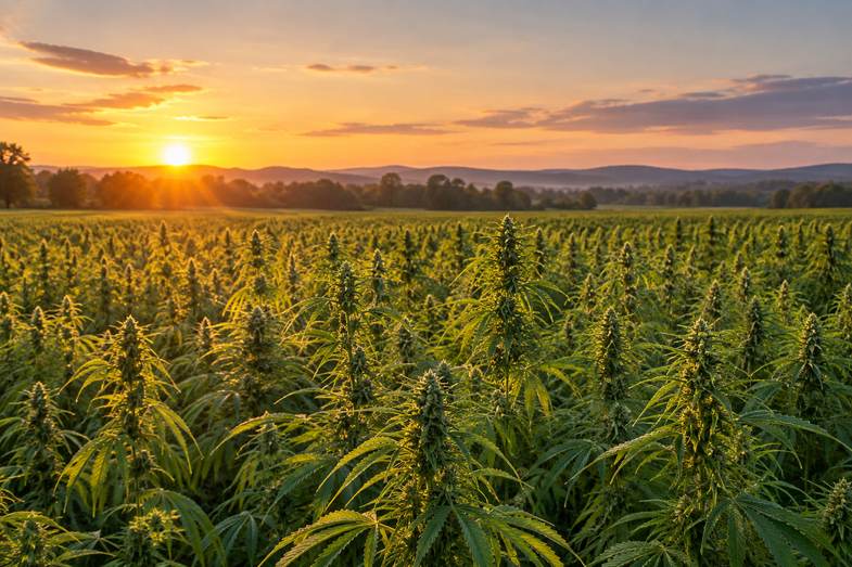 why-is-weed-illegal-hemp-field-heritage A wide hemp field at golden hour with tall plants stretching to a distant tree line under a soft sky